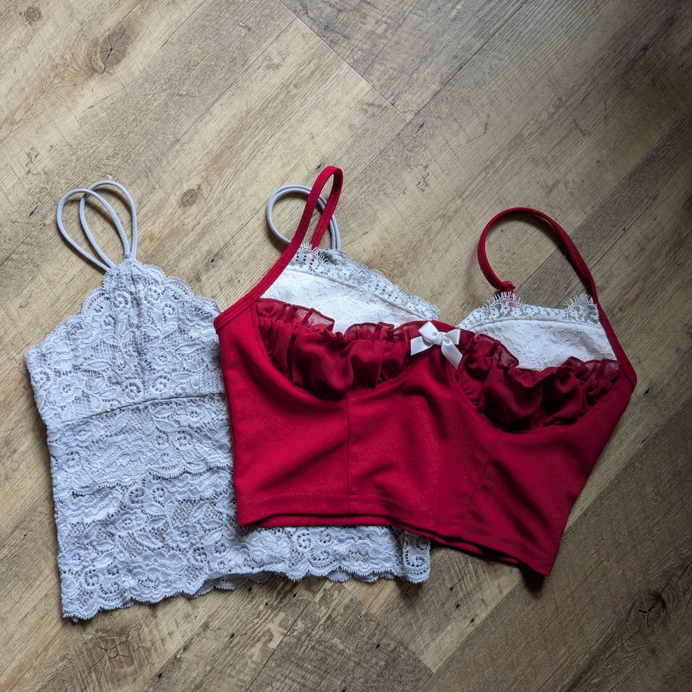 Red and White Lace Bralette Set